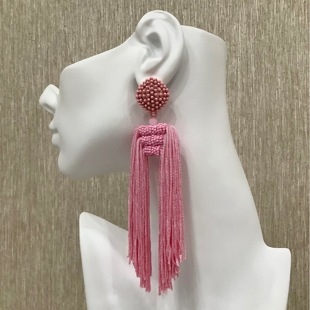 TQTA “The Statement” Tassel Earrings In Pink.